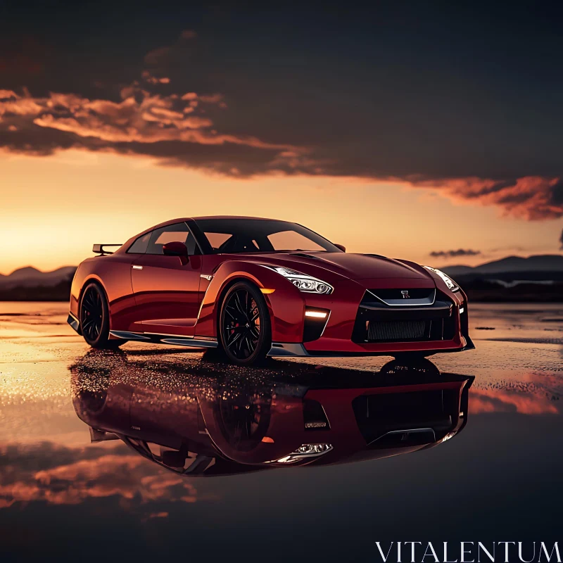 Elegant Red Sports Car Amid Sunset Reflections AI Image