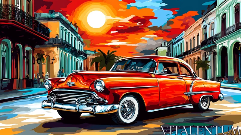 Classic Car at Sunset in Cityscape AI Image