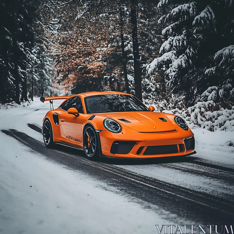 Bright Orange Car in Winter Wonderland AI Image