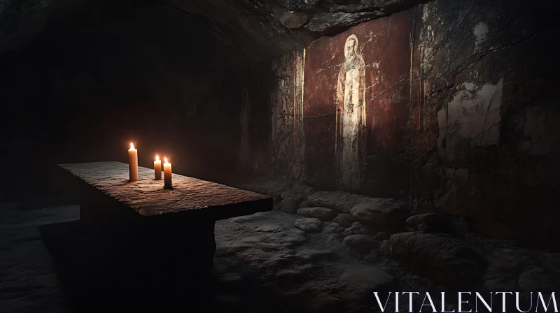 Dimly Lit Ancient Cave with Altar and Enigmatic Wall Painting AI Image