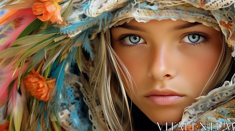 Captivating Blue Eyes and Birds - Traditional Oceanic Art Wallpaper AI Image