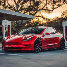 Tesla Model 3 Electric Car Charging at Sunset