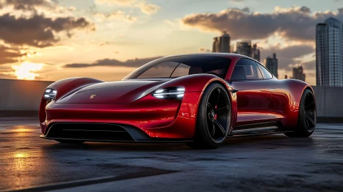 Sleek Red Electric Car with City Sunset