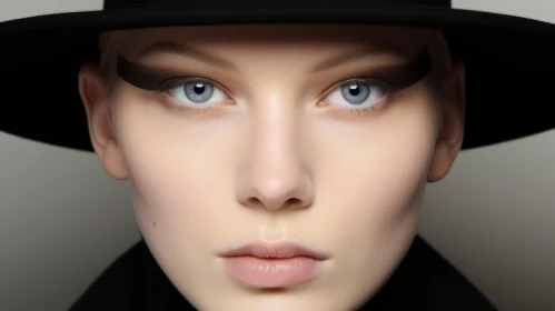 Model Woman with Black Hat and Blue Eye Makeup | Matte Photo