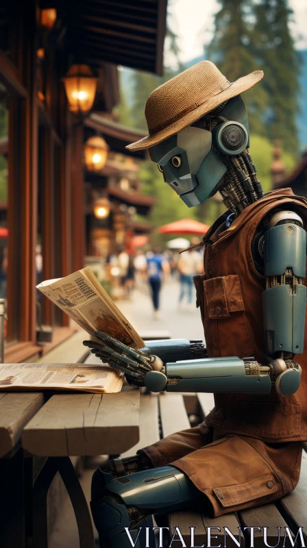 Zen-Influenced Dieselpunk Robot Reading Newspaper Outdoors AI Image