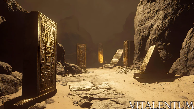 Mystical Ancient Desert with Golden Pillars and Pyramid AI Image