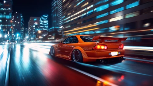 Dynamic Nighttime Urban Scene Featuring a Sleek Sports Car