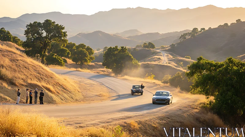 Golden Hour on a Scenic Road through Hilly Landscape AI Image