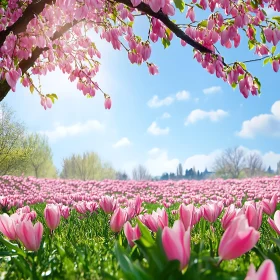 Spring Meadow with Blossoming Pink Flowers and Clear Sky