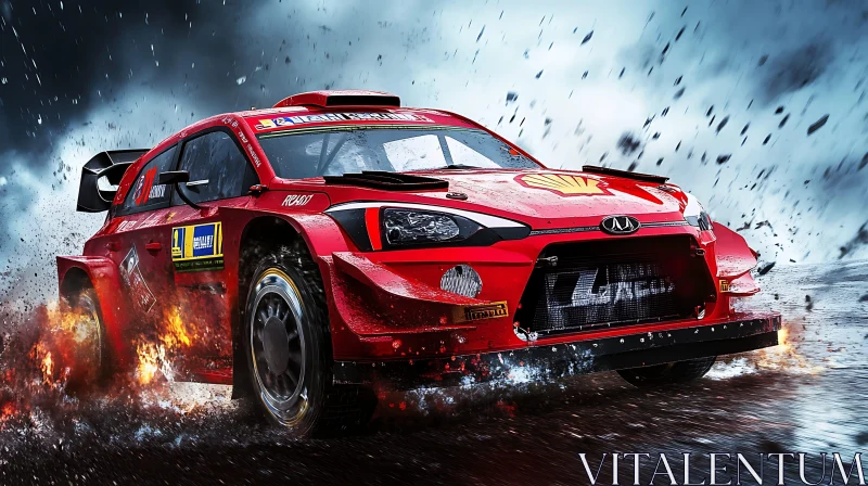 High-Speed Red Rally Car in Action AI Image