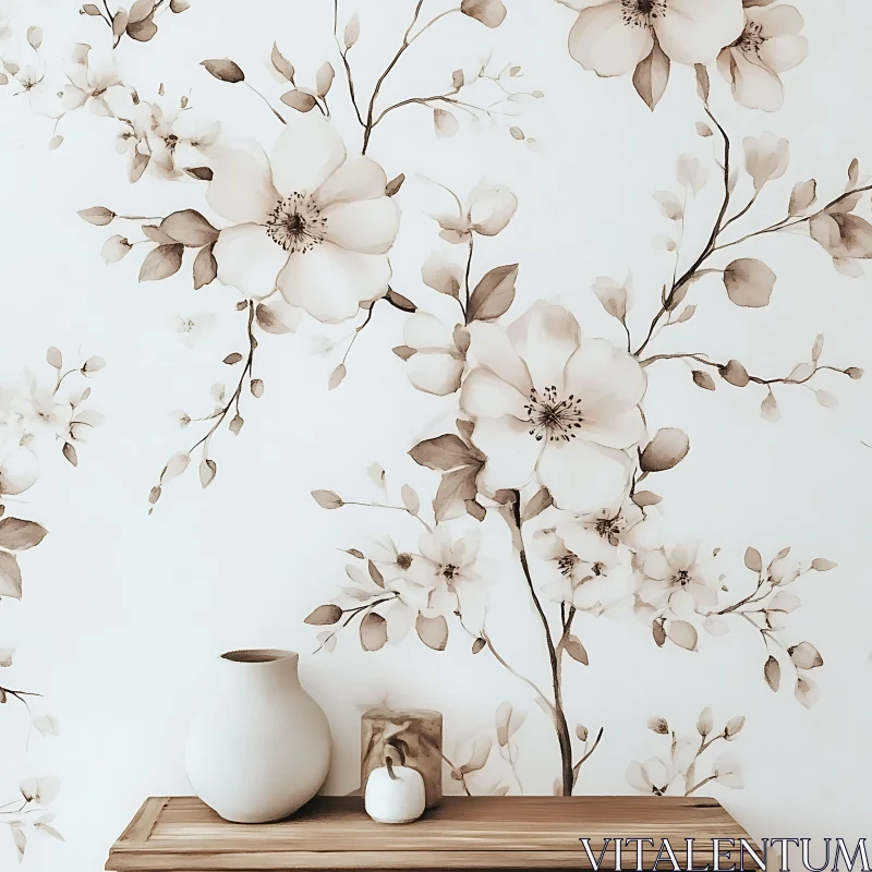 Elegant Floral Wallpaper with White Vase and Wooden Shelf AI Image