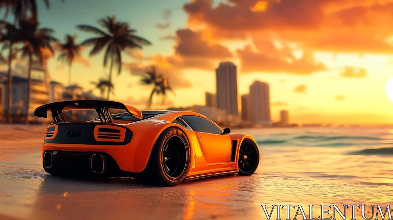 Sunset Beach Sports Car Elegance AI Image