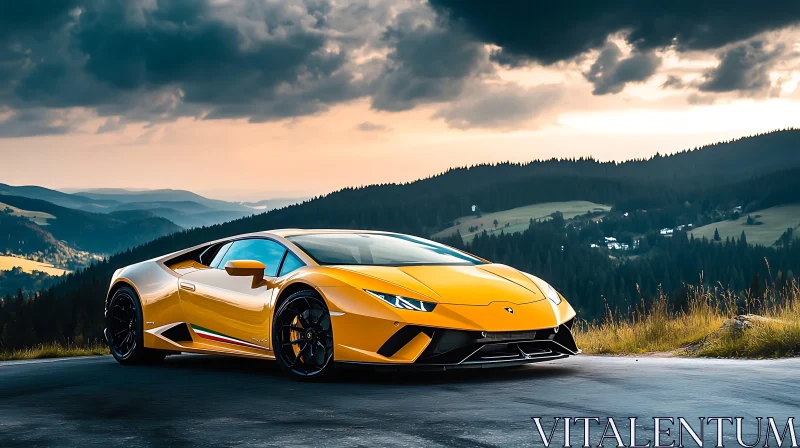 Luxury Yellow Car in Scenic Mountain Landscape AI Image