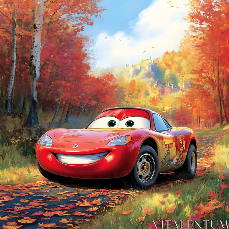 Cheerful Animated Car in Fall Forest AI Image