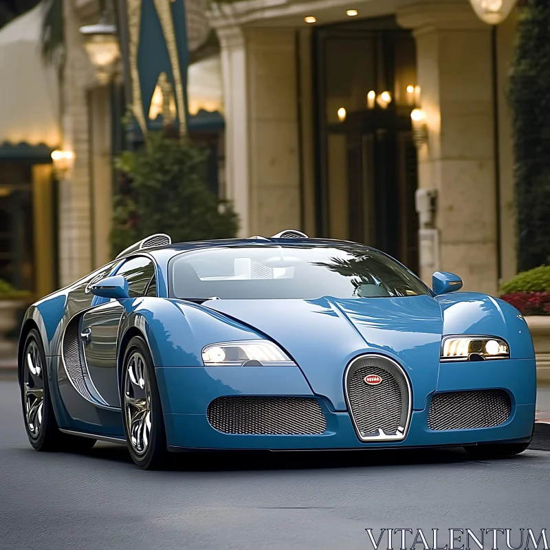 Elegant Blue Supercar in Urban Setting AI Image