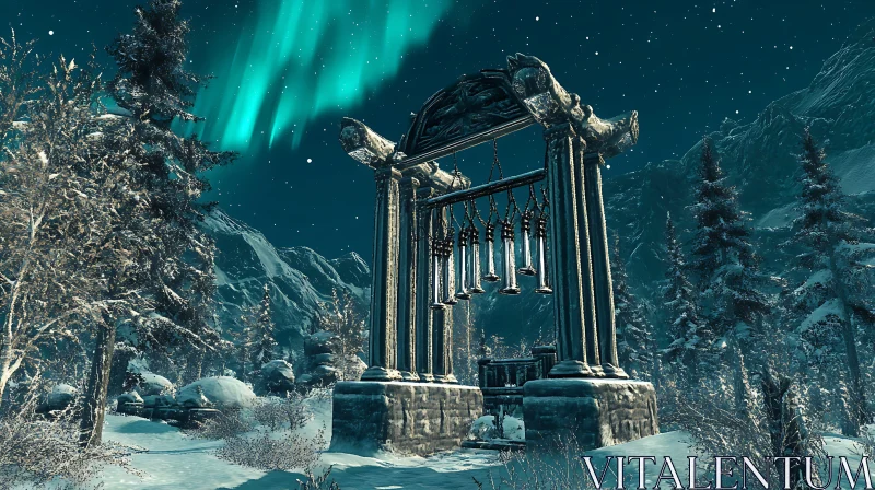 Mystical Winter Night with Ancient Ruins AI Image