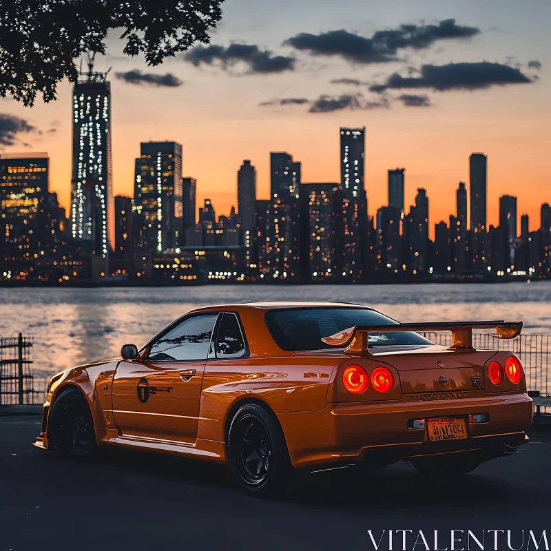 Sunset Cityscape with Orange Sports Car by the Waterfront AI Image