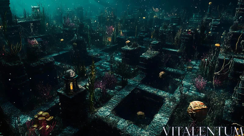 Underwater Ancient City Ruins with Corals and Marine Life AI Image