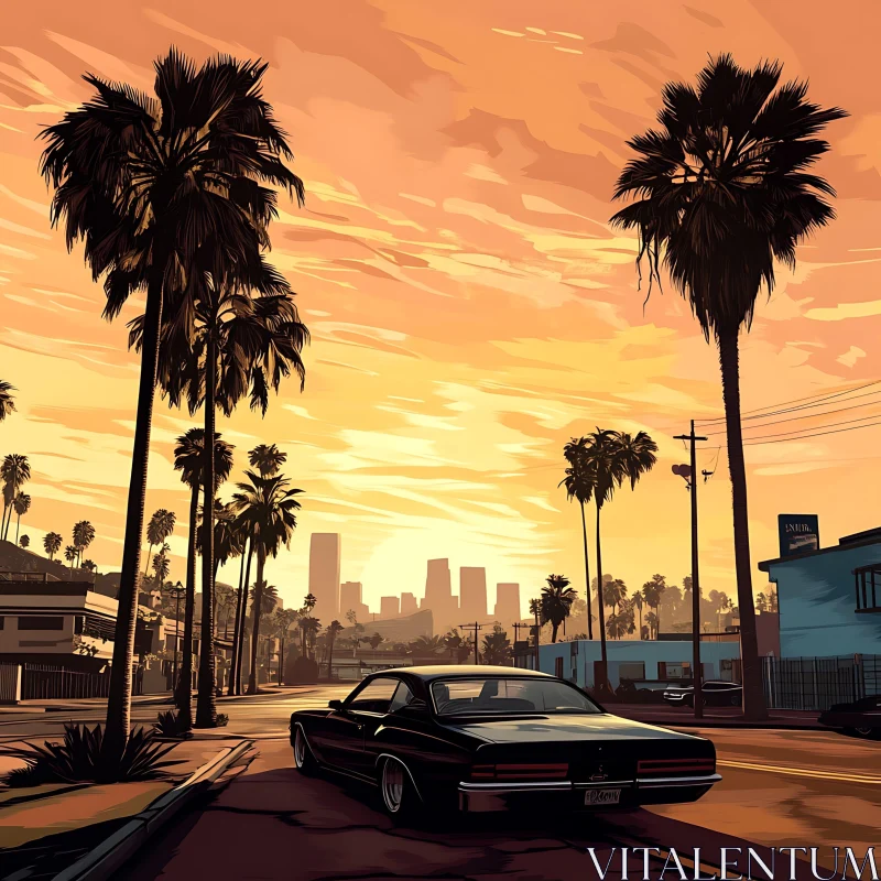 AI ART Serene City Sunset with Palm Trees and Classic Vehicle