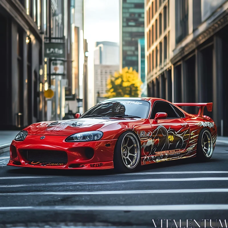 Red Custom Sports Car in Urban Landscape AI Image