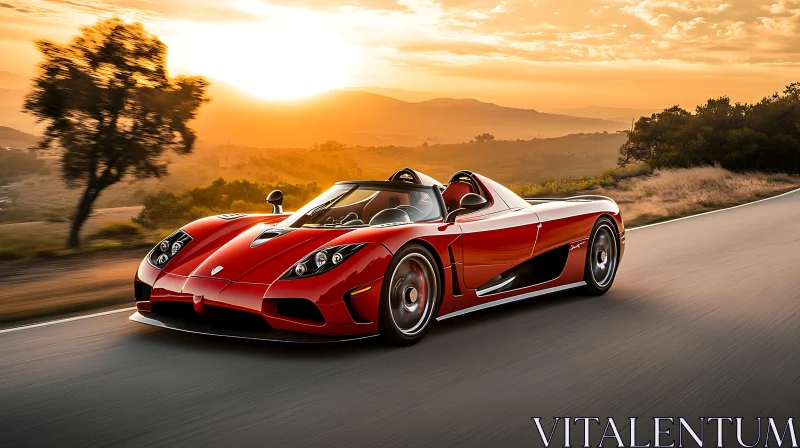 Luxury Red Car on Open Road at Sunset AI Image