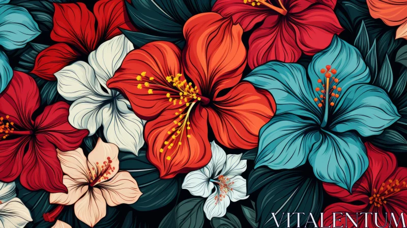 Tropical Hibiscus Flower Pattern - Colorful and Detailed Illustration AI Image