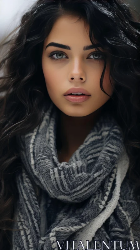 AI ART Young Woman with Long Dark Hair in Gray Scarf | Texture-Rich Layers