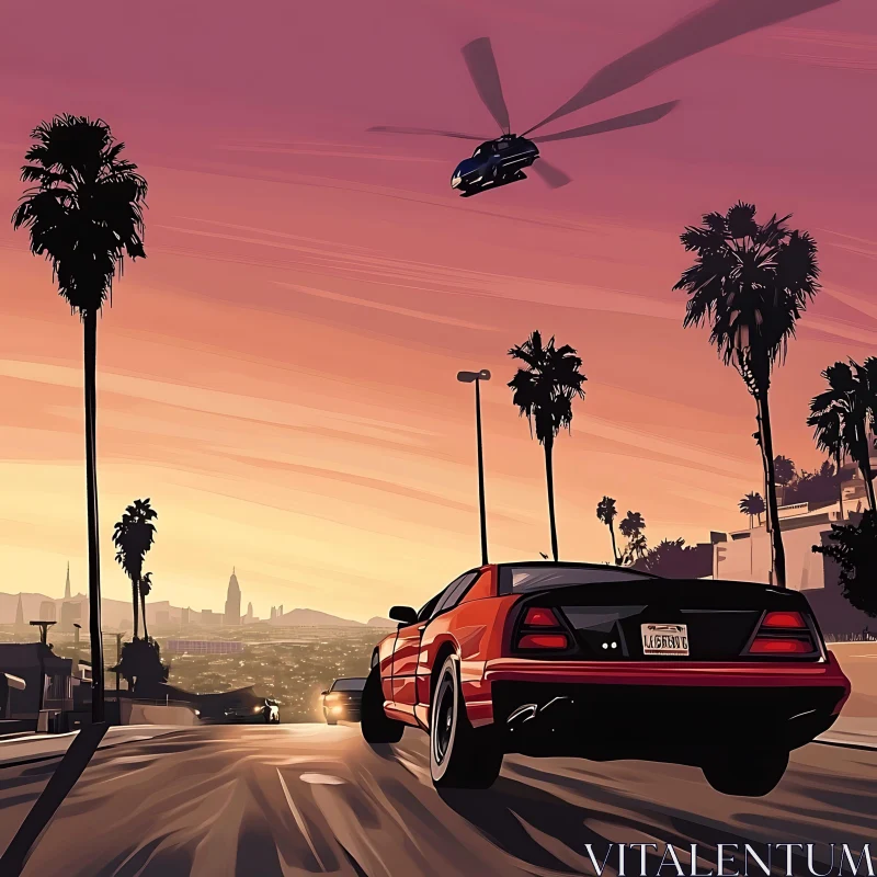 City Sunset with Sports Car and Helicopter AI Image