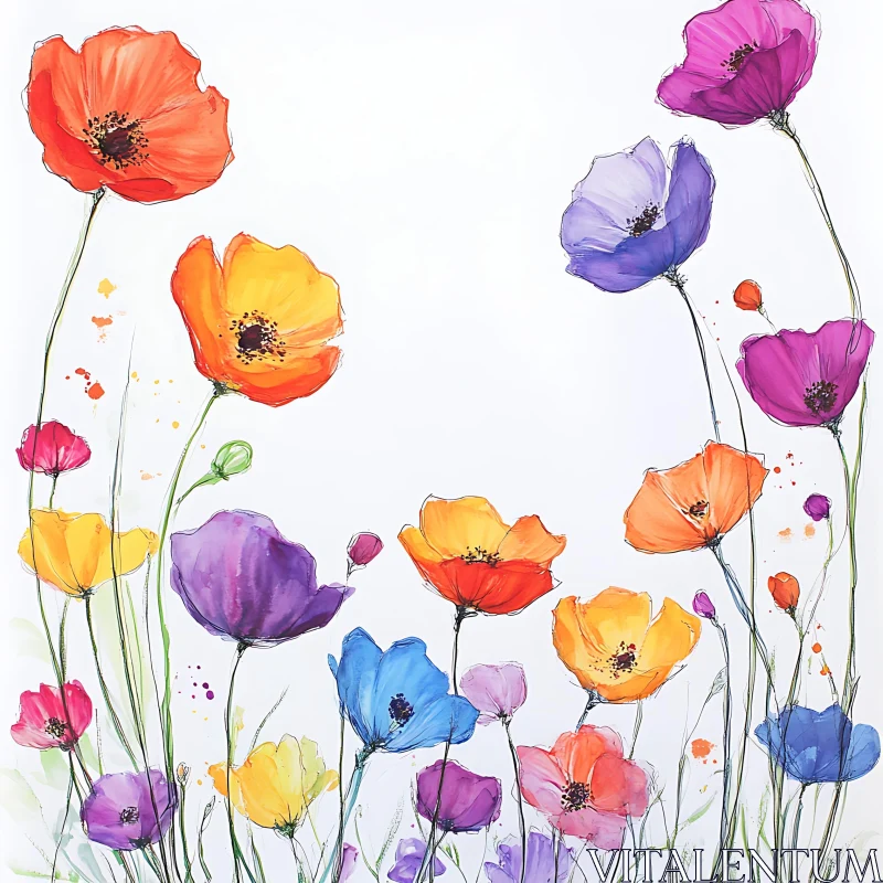 AI ART Colorful Poppy Artwork - Watercolor Botanical Illustration