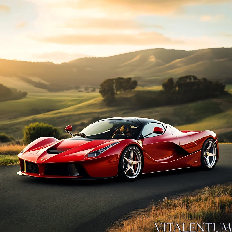 AI ART Luxury Red Supercar on Scenic Sunset Road