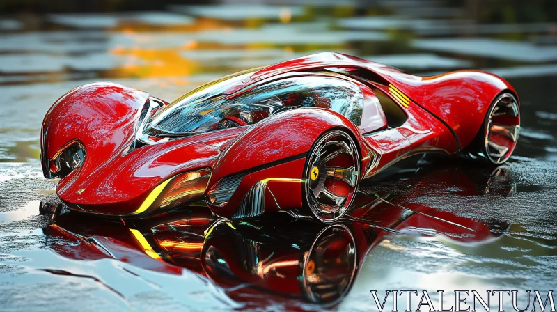 Modern Red Car with Glossy Surface Reflections AI Image