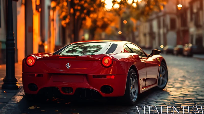 Red Sports Car in Urban Setting During Sunset AI Image