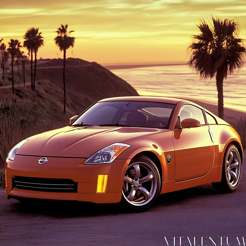 Sunset Coastal Drive with Orange Sports Car AI Image