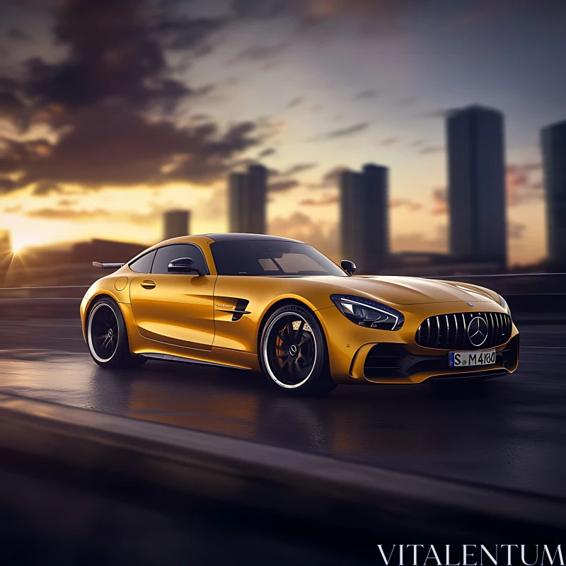 Urban Drive with Yellow Sports Car at Dusk AI Image