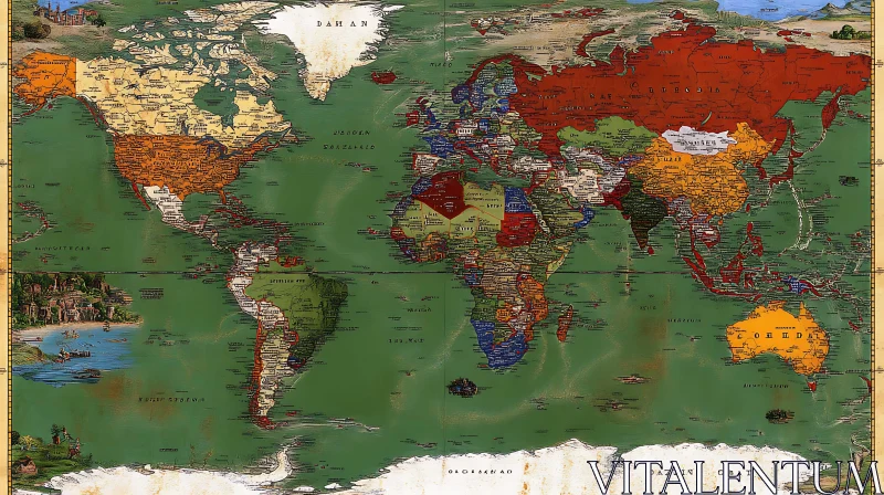 Vintage Styled World Map with Diverse Colors AI Image