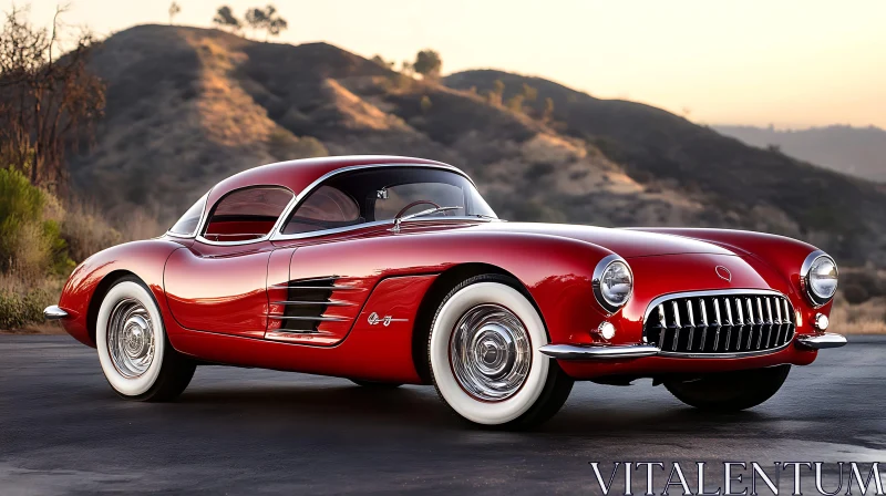 Classic Red Car on a Scenic Mountain Road AI Image