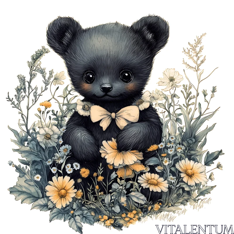 AI ART Adorable Bear Cub in a Garden of Flowers