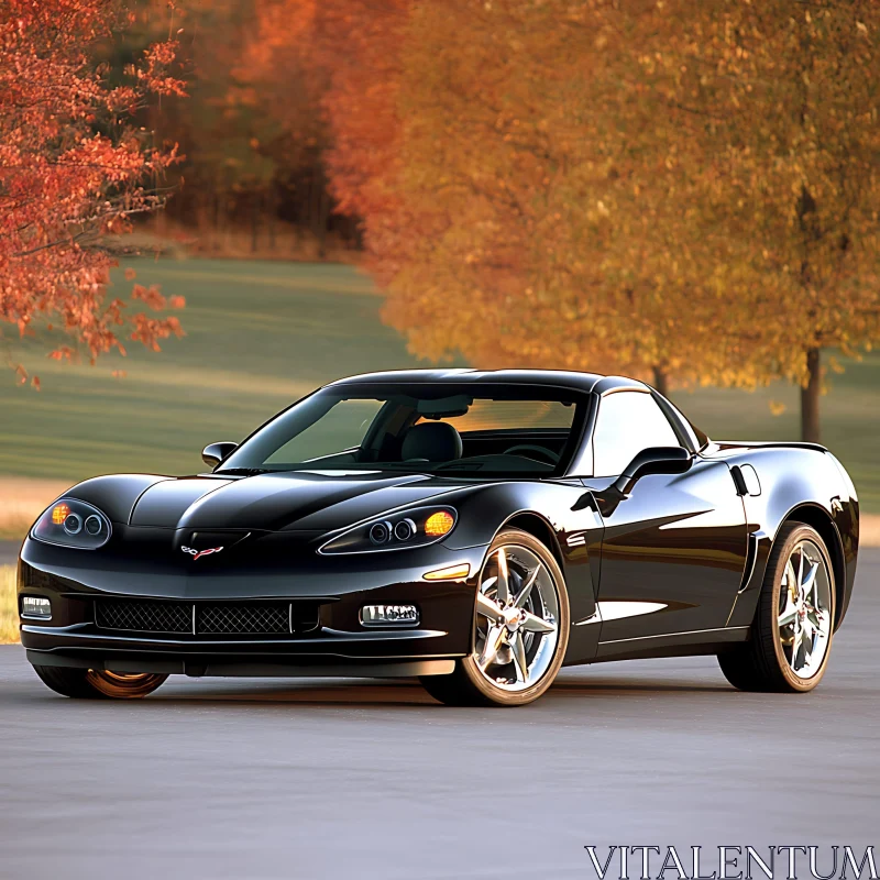 Luxury Black Car with Fall Foliage AI Image