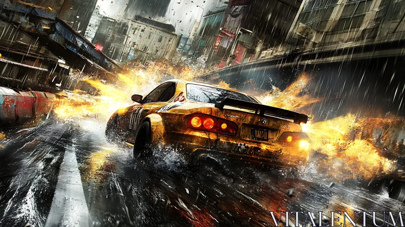 Adrenaline-Fueled Race through Wet Cityscape AI Image