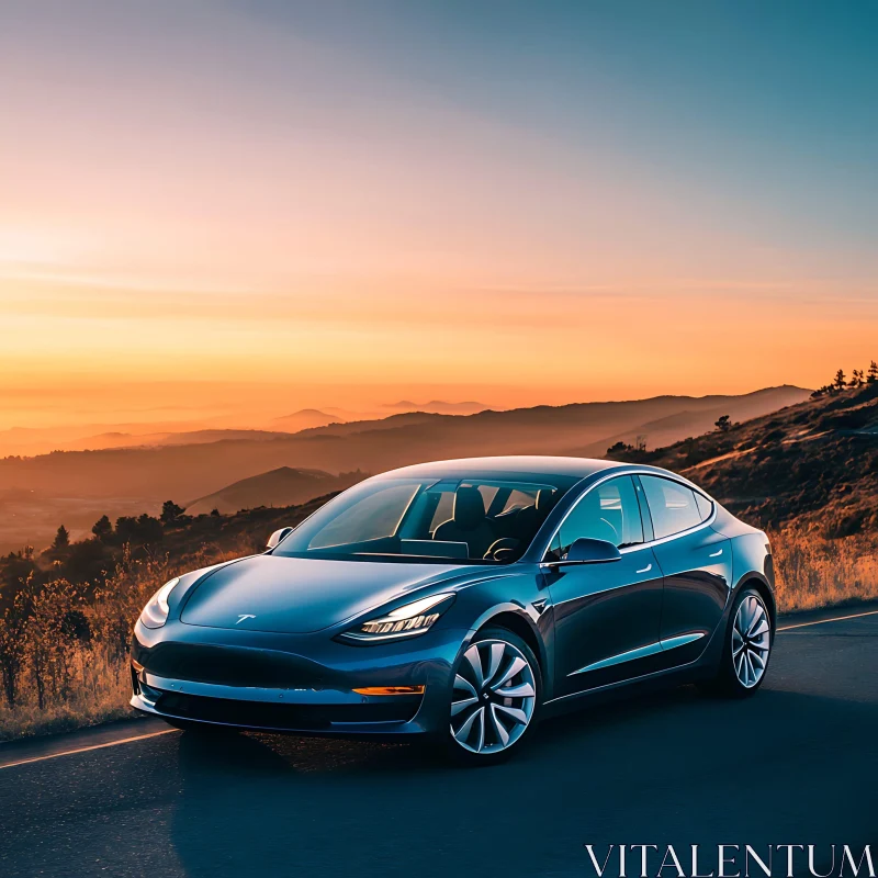 Modern Electric Car with Sunset Backdrop AI Image