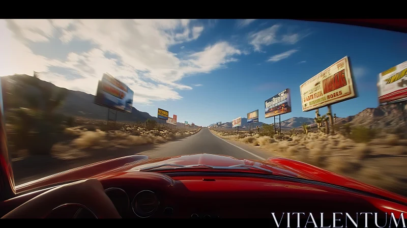 Highway Journey in a Vintage Car Amidst Desert Scenery AI Image