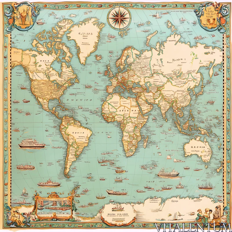 Historical World Map with Nautical Theme AI Image