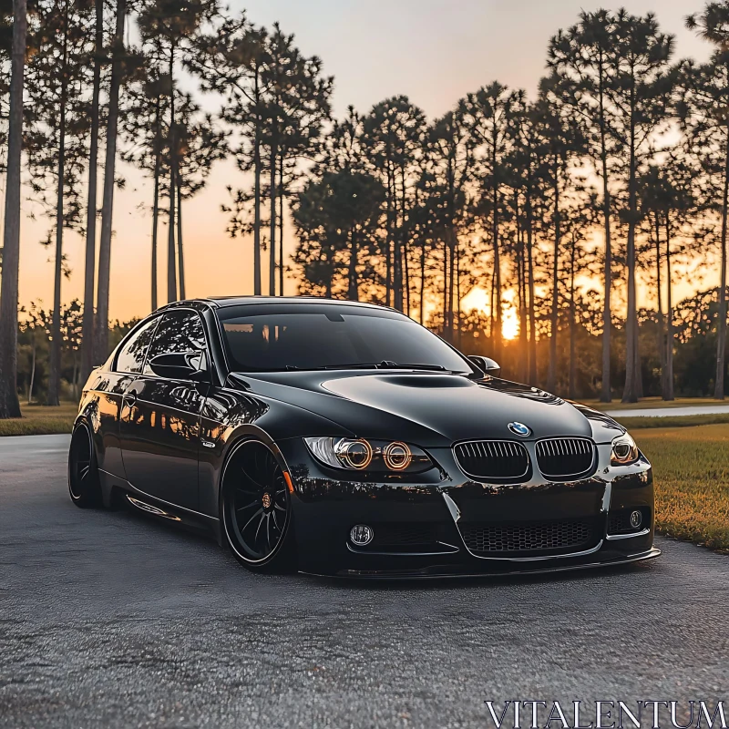 Luxurious BMW Car in a Forest at Sunset AI Image