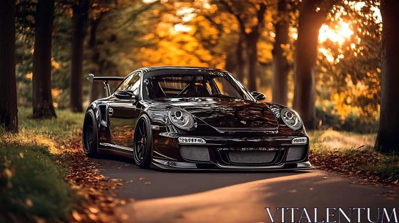 Elegant Black Sports Car in Autumn Forest AI Image