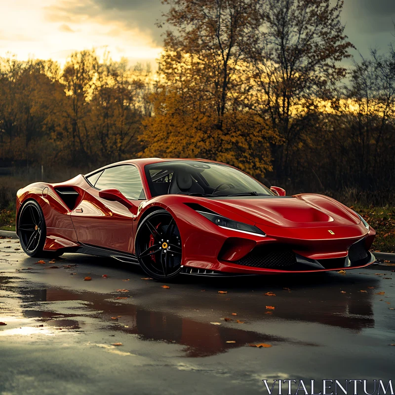 Luxury Red Sports Car with Reflective Wet Surface AI Image