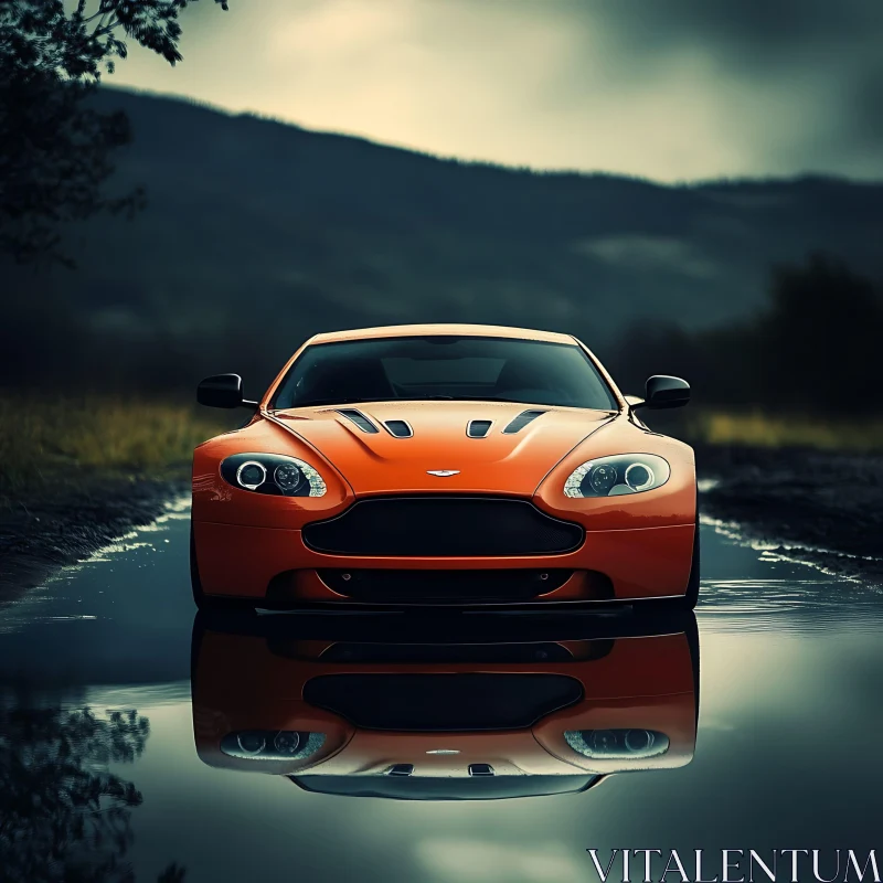 Orange Sports Car with Reflection AI Image