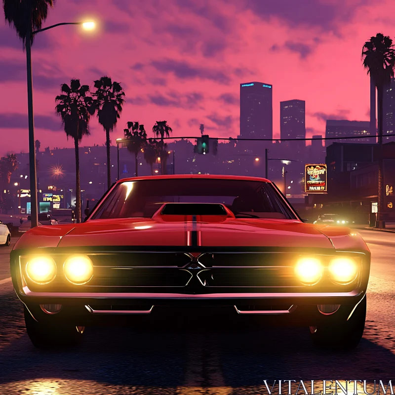 Muscle Car on City Streets During Sunset AI Image