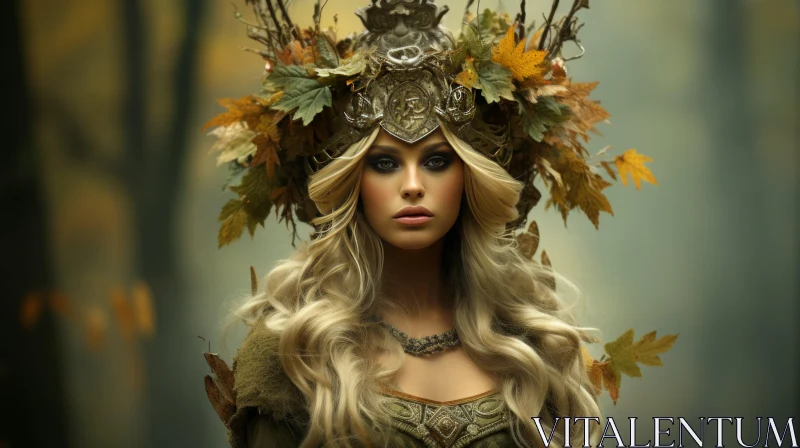 Beautiful Fantasy Woman Wearing Autumn Leaves Headdress AI Image