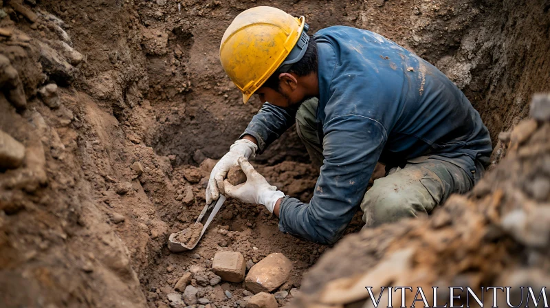 Dedicated Worker in Yellow Helmet Digging in Soil AI Image