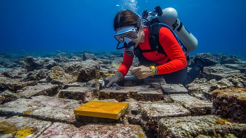 Diver with Red Top Explores Ocean Floor Ruins